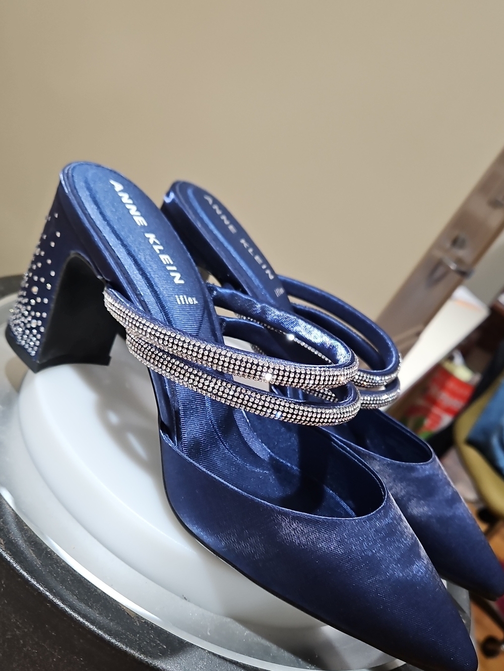 Anne Klein Navy Satin Pointed Toe Heeled Mules with Rhinestone Straps